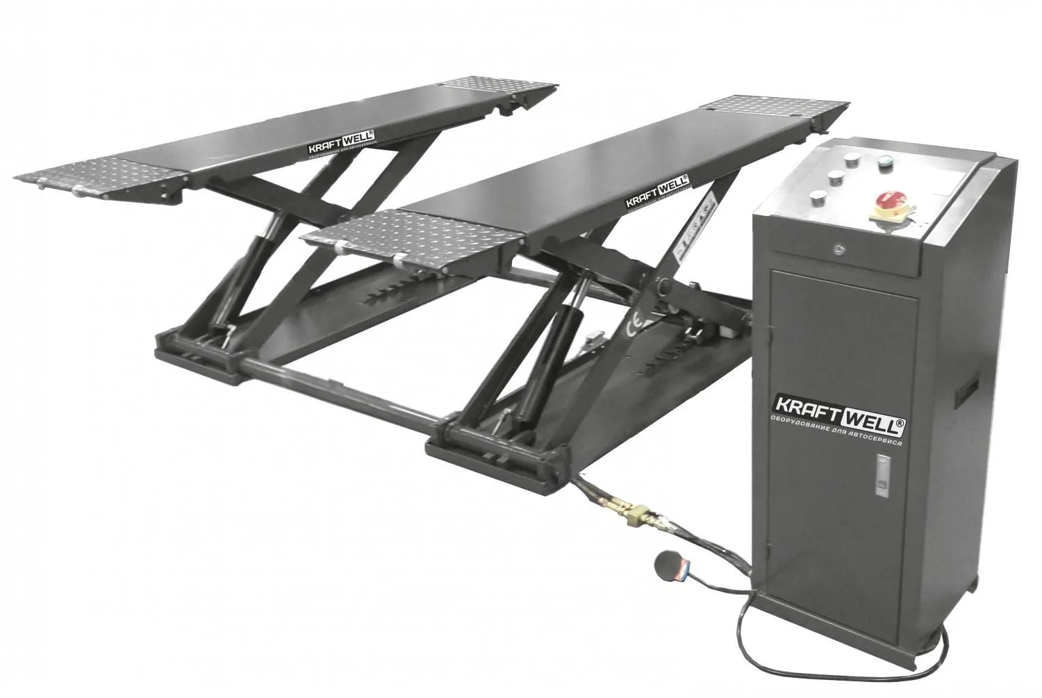 Электрогидравлический подъемник KraftWell KRW3TN Подъёмник ножничный короткий шиномонтажный г/п 3000 кг.